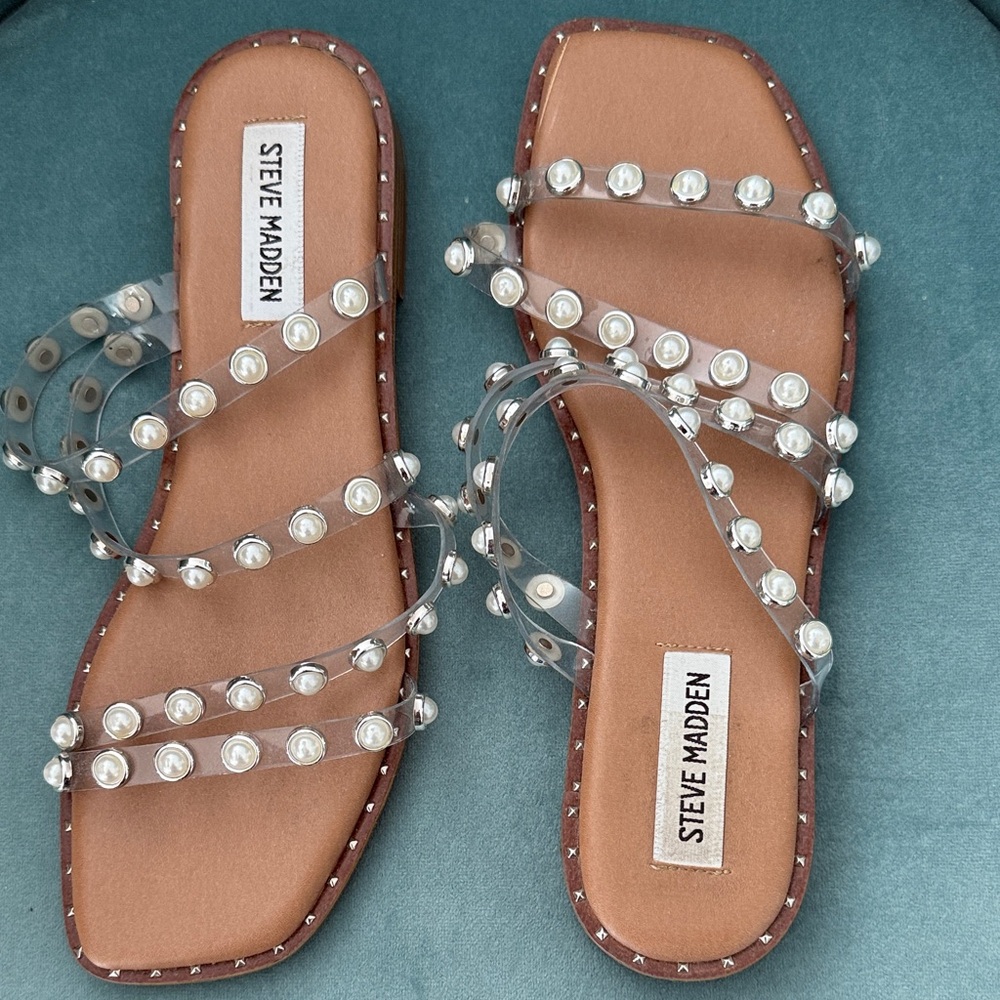 Steve Madden Clear Studded Sandals with Brown Sole